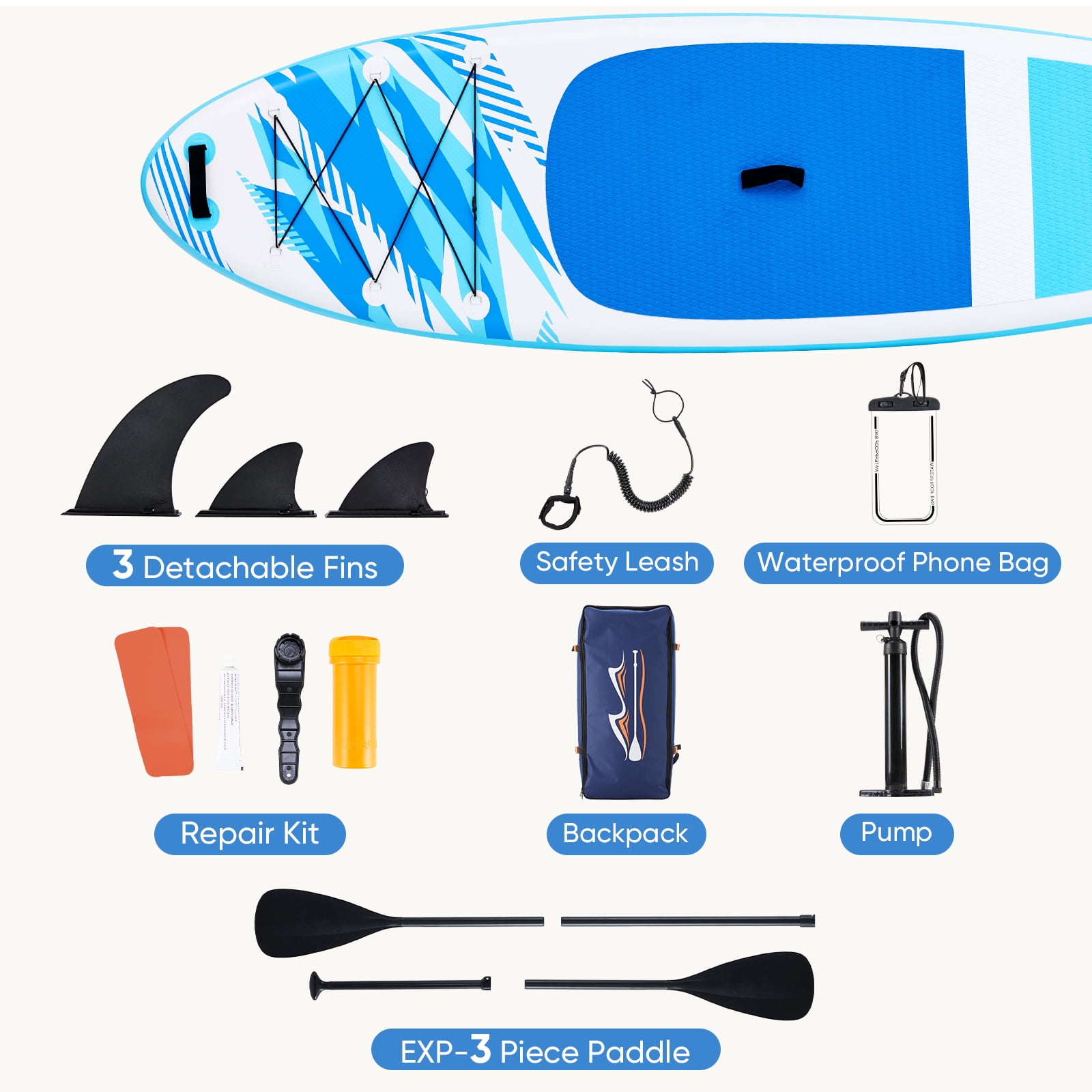 10'5" Inflatable Stand Up Paddle Board, Commercial Grade PVC ISUP with Non-Slip Deck, Complete SUP Accessories: Paddle, Pump, Leash & Backpack, All-Skill Level Water Sports Board, Light Blue