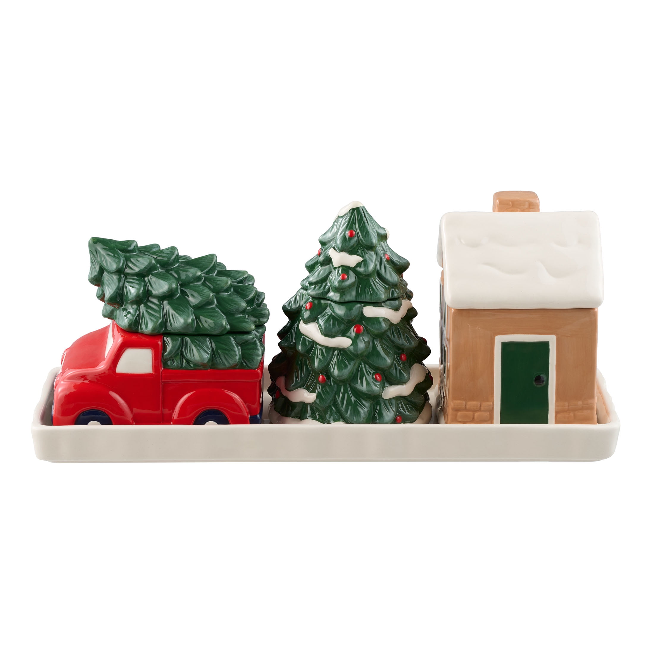 Holiday Time Christmas Icons Mini Treat Jars Set with Lids and Tray, Glazed Earthenware Ceramic, Multicolor