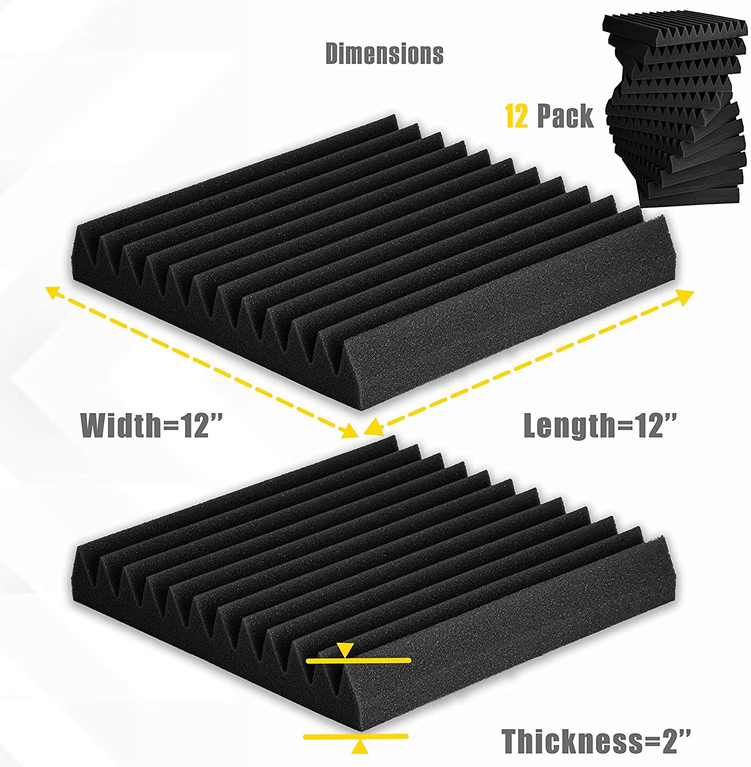 48 Pack Acoustic Foam Panels – 1x12x12 Wedge Tiles, Black, Soundproofing Wall Studio Foam By BookishBunny