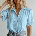thumbnail image 2 of fheaev Button Up Shirts for Women Solid Color Lapel Lace Short Sleeve Work Tops Summer Outfits Light Blue XL, 2 of 7