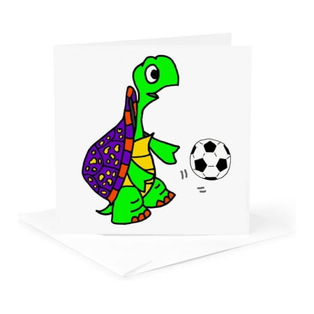 3dRose, Cute Funny Unique Box Turtle Playing Soccer Cartoon, 1 Greeting Card with envelope