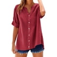 thumbnail image 2 of T Shirts For Women Red Womens Tops Fashion Loose Button Stand Solid Color Sleeve Collar Casual Pocke Summer Tops, 2 of 7