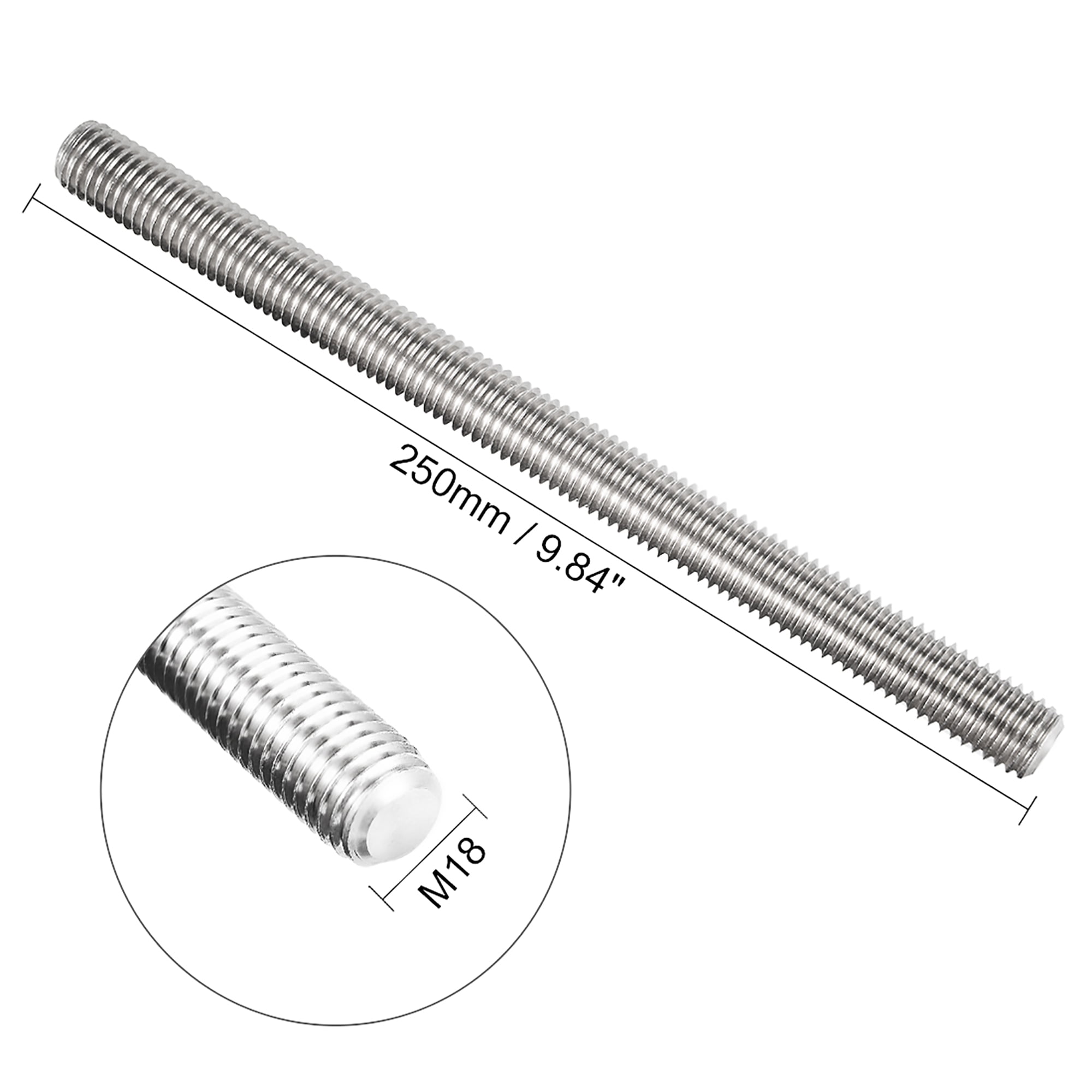 Uxcell M18 Dia 250mm Length 304 Stainless Steel Left Hand Thread Fully Threaded Rod