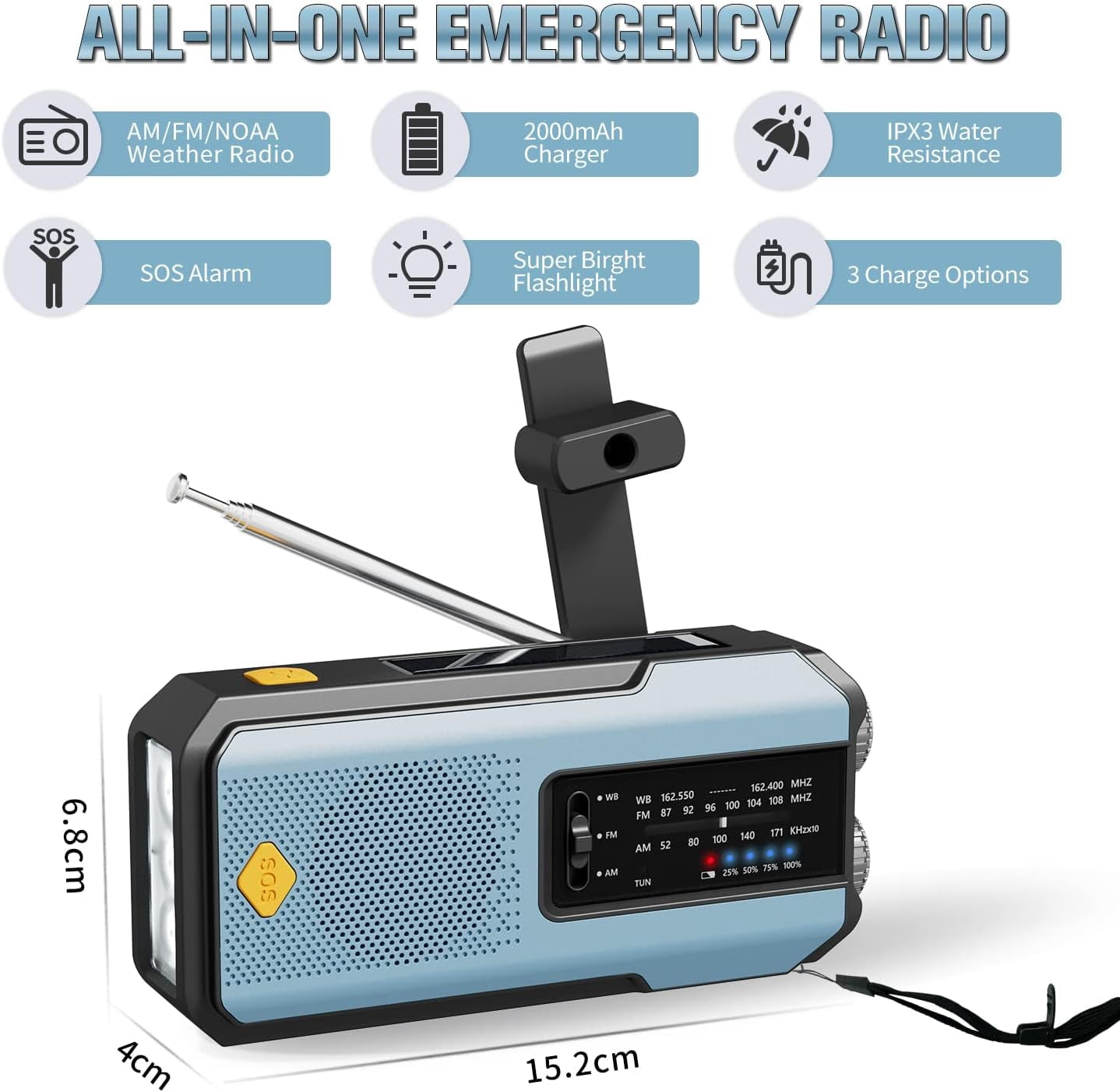 Newest Prociv Solar Emergency Wind Up Radio, Portable Hand Crank AM/FM Radio with SOS Alarm LED Torch, 2000mAh Rechargeable Power Bank USB Phone Charger Flashlight for Camping (Blue)