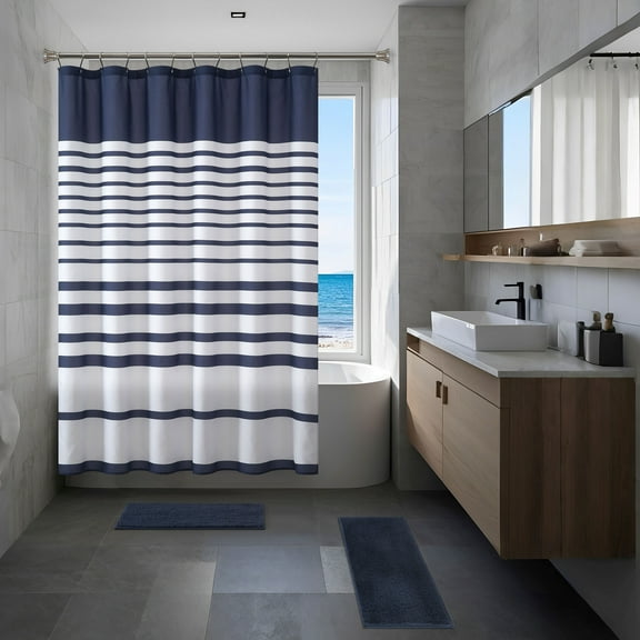 Mainstays 15-Piece Navy Stripe Shower Curtain Bathroom Set – Fabric Curtain with Hooks and Two Bath Rugs