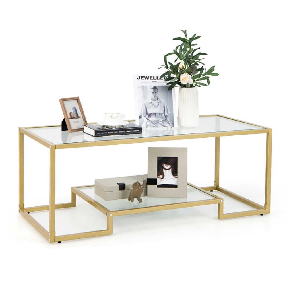 Finihen Coffee Table, Glass Coffee Table, Modern 2-Tier Rectangular Coffee Table with Glass Table Top, for Living Room, Reception Room, Golden Finihen Coffee Table, Glass Coffee Table, Modern 2-Tier Rectangular Coffee Table with Glass Table Top, for Living Room, Reception Room, Golden