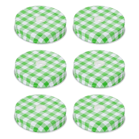 6pcs Mason Jar Lids 2.76" Tinplate Canning Covers with Straw Hole, Green Gingham