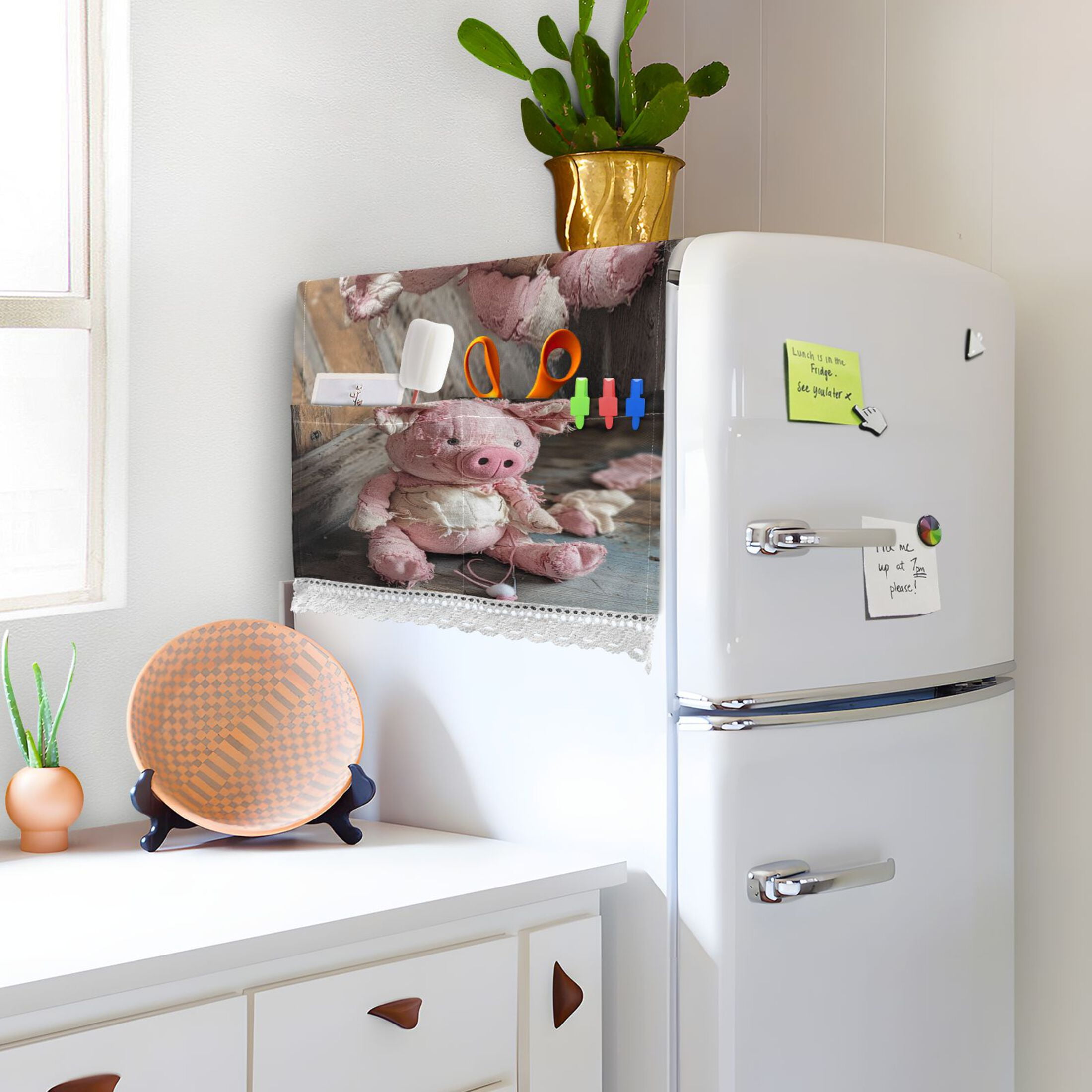 A Pink Piggy DollWasher and Dryer Covers Dust-Proof and Oil Resistant Fridge Cover with 4 Storage Pockets Washing Machine Top Cover for Laundry Kitchen Home 51.2 x 22 In