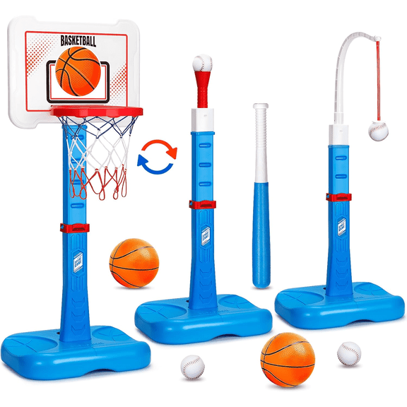 LINXUXIE 3 In 1 Basketball Hoop and T Ball Set, Adjustable Height Toddler Toys for Boys&Girls, Kids Birthday Gifts for 3 4 5 6 7 8 Year Old