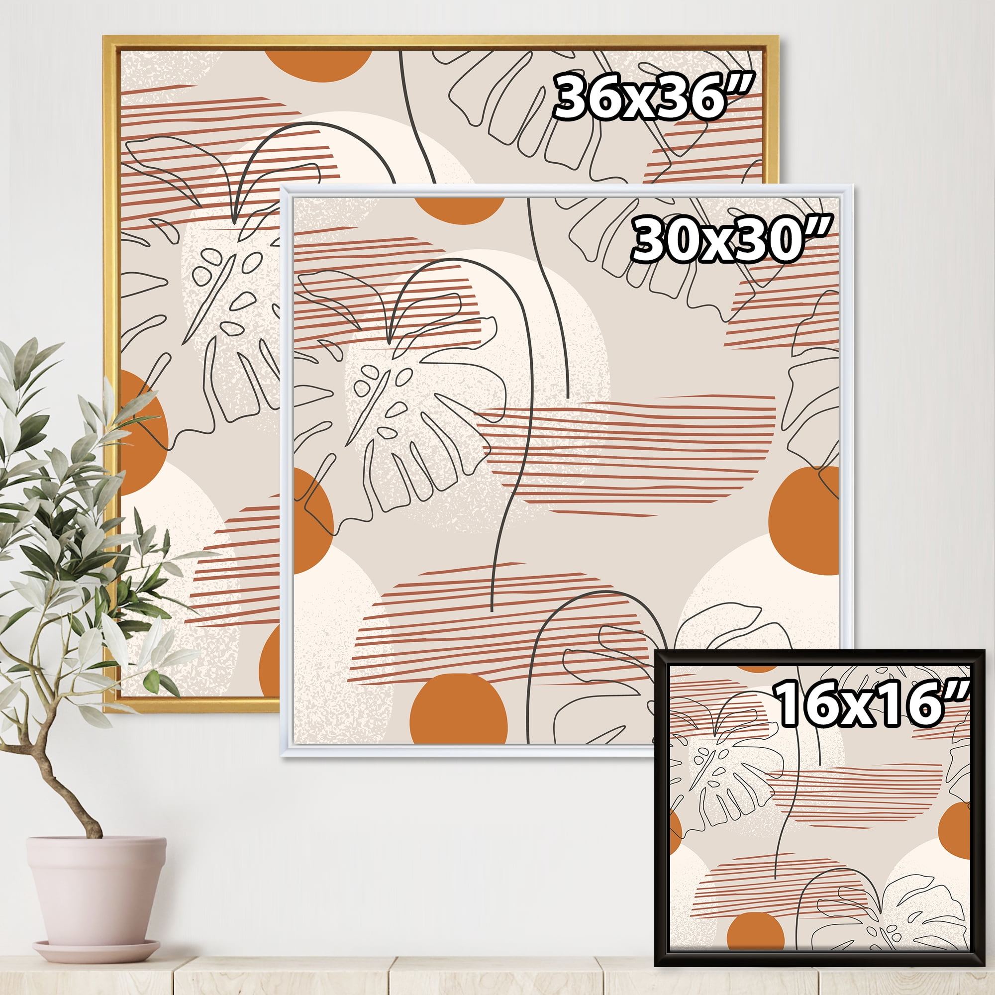 Designart 'Abstract Monstera Leaf and One Line Art Shapes' Modern Framed Canvas Wall Art Print