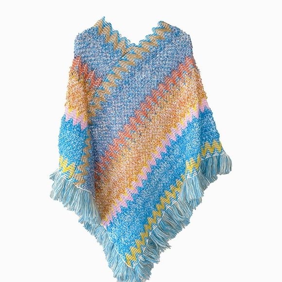 Pxiakgy Hot Sale!! Women's Vintage Fringe Pullover Shawl Striped Wrap Poncho Cape Soft Crochet Shawl Women Nationl Print Colourful Splice Poncho with Tassels Knitted Shawl Scarf Sky Blue One Size