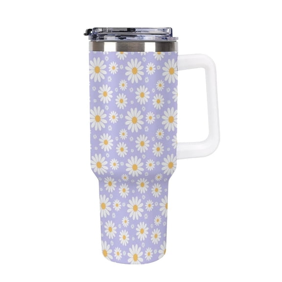 Daisy Gifts Tumbler for Women Girls, Stainless Steel 40oz Tumbler with Handle and Straw,White Daisy Flowers Cup Mug,Leakproof Water Bottle,Valentine's Day or Floral Lover Birthday Gift Idea(Purple)