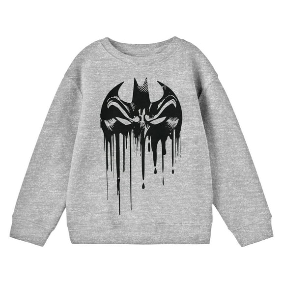 Batman Dripping Mask Logo Boy's Athletic Heather Long Sleeve Shirt-Medium