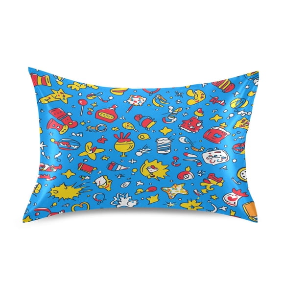 Colorful Cartoon Doodles Pattern Luxury Silky Soft Pillowcase Standard Size Wrinkle Resistant Envelope Closure 20x26in