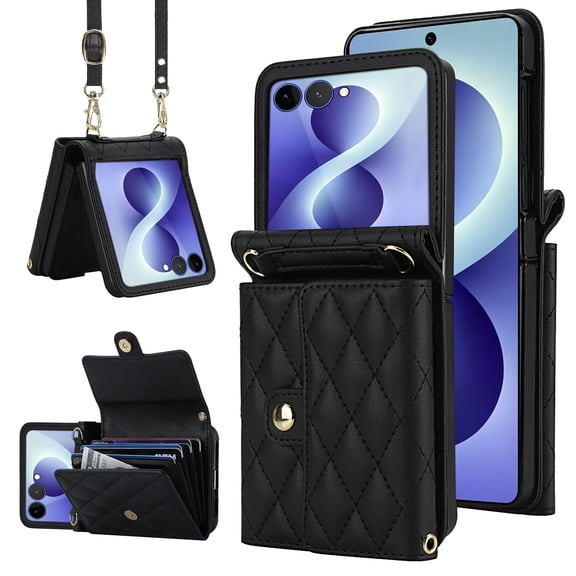 Corliven for Samsung Galaxy Z Flip8 Case, Leather Wallet Cover with Card Holder Slot, Shoulder Strap, Shockproof Flip Phone Case, Full Protection Design, Black