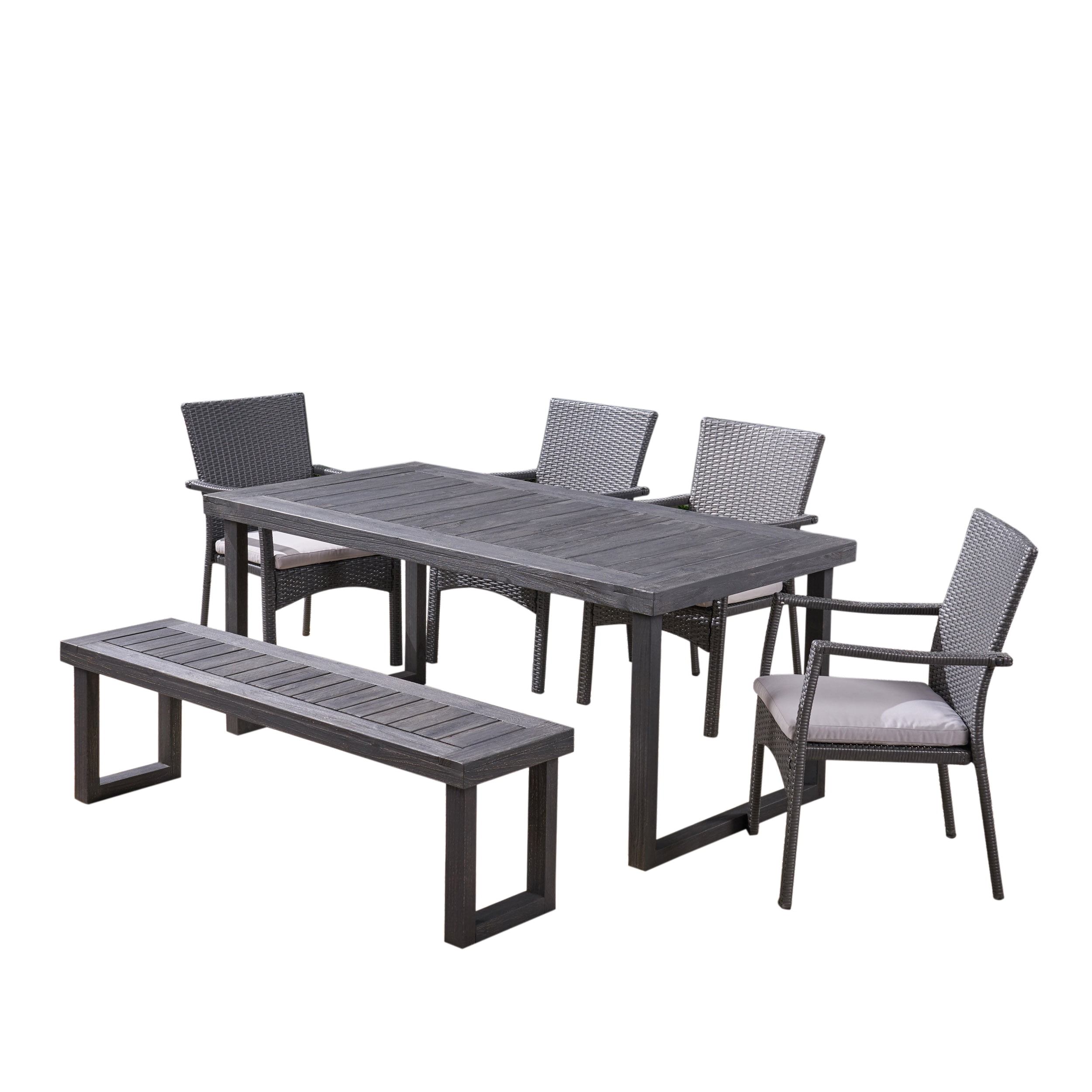 Noble House Lily Outdoor 6 Piece Acacia Wood Dining Set with Bench, Sandblast Dark Grey, Gray
