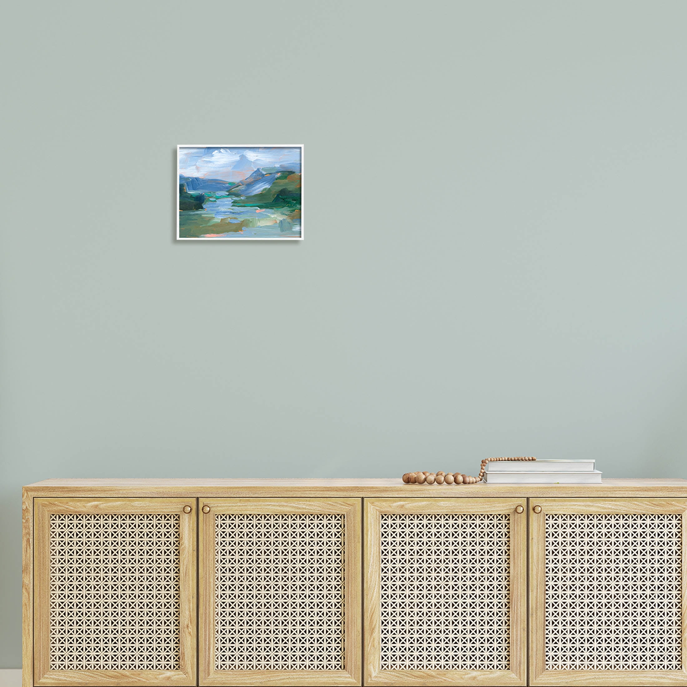 River Through Mountains Abstract Scene Landscape Painting White Framed Art Print Wall Art