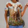 thumbnail image 6 of Farmhouse Highland Cow Funny Cattle And Flower Womens Tops Women's Fashion Casual Short Sleeve Flower Print Round Neck Pullover Top Blouse, 6 of 6