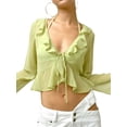 thumbnail image 2 of VISgogo, camiseta corta para mujer, manga larga, lisa/variegada, con volantes y lazo, cárdigan, camisas cortas, camisetas de primavera/verano con ombligo para mujer VISgogo  moda, 2 of 5