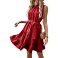 thumbnail image 1 of ZAXARRA Femmes A-Ligne Robe Sans Manches Manches Cou Casual Partie Robe Courte d'Été avec Ceinture, 1 of 5