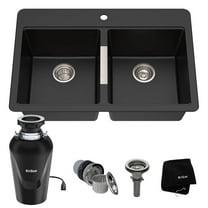 Kraus 33 Inch Dual Mount 50/50 Double Bowl Granite Kitchen Sink w/ Top mount and Undermount Installation in Black Onyx with Waste Guard Continuous Feed Garbage Disposal