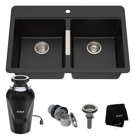 Kraus 33 Inch Dual Mount 50/50 Double Bowl Granite Kitchen Sink w/ Top mount and Undermount Installation in Black Onyx with Waste Guard Continuous Feed Garbage Disposal