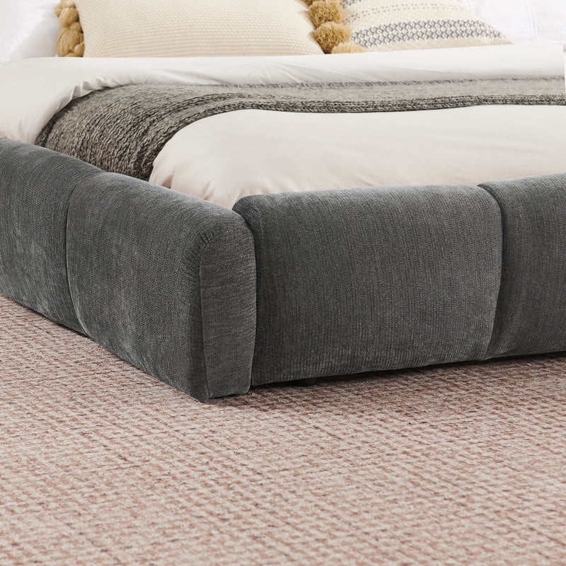 Queen/King Size Upholstered Platform Bed Frame, No Box Spring Required Low Profile Floor Bed with Padded Headboard & Footboard