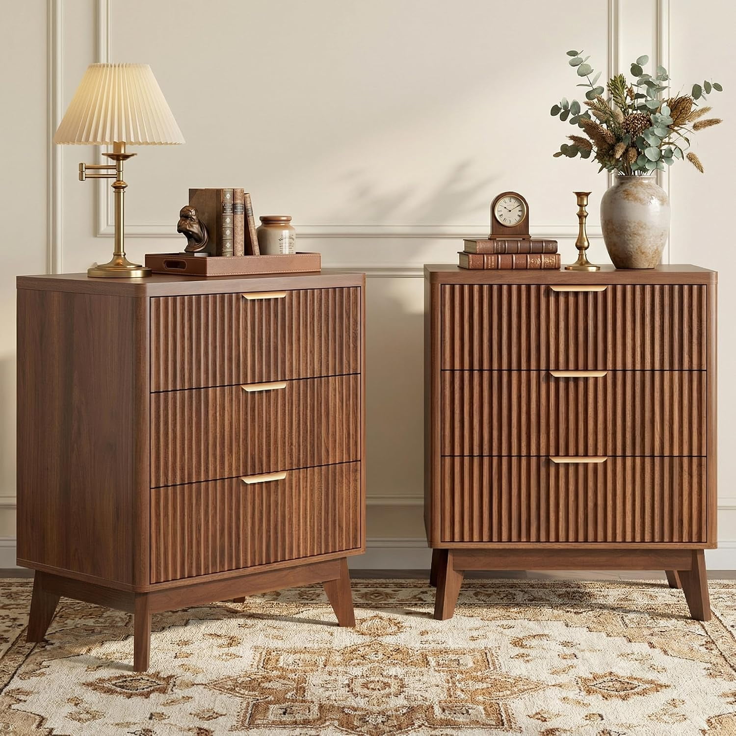 LYNCOHOME Fluted Nightstand Set of 2 Wood Bedside Table with 3 Drawers Modern Farmhouse Storage End Table for Bedroom Walnut
