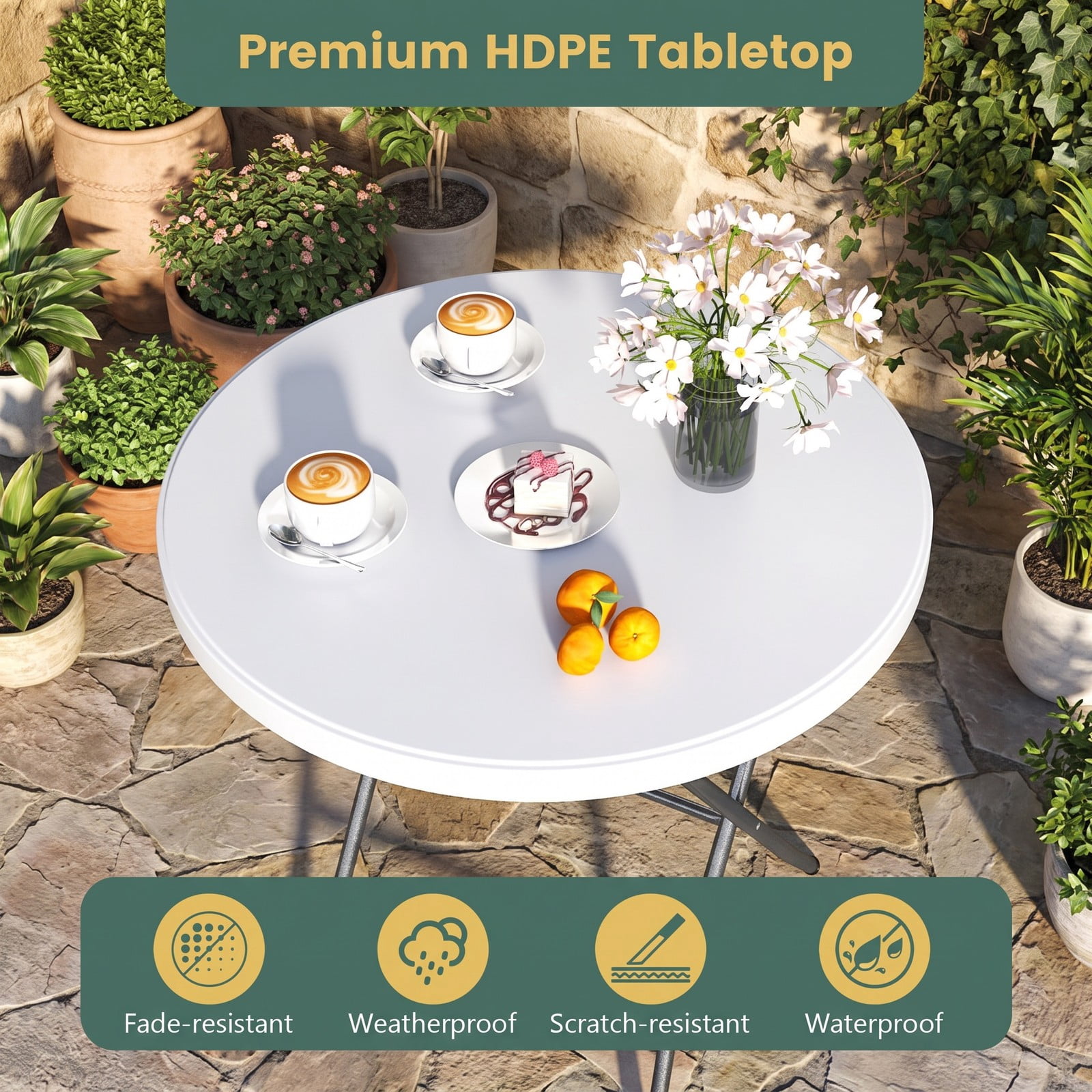 Furnibear 32 Inch Round Folding Table with Thick HDPE Tabletop and Anti Slip Footpads for Picnic Party and Backyard Dining, White
