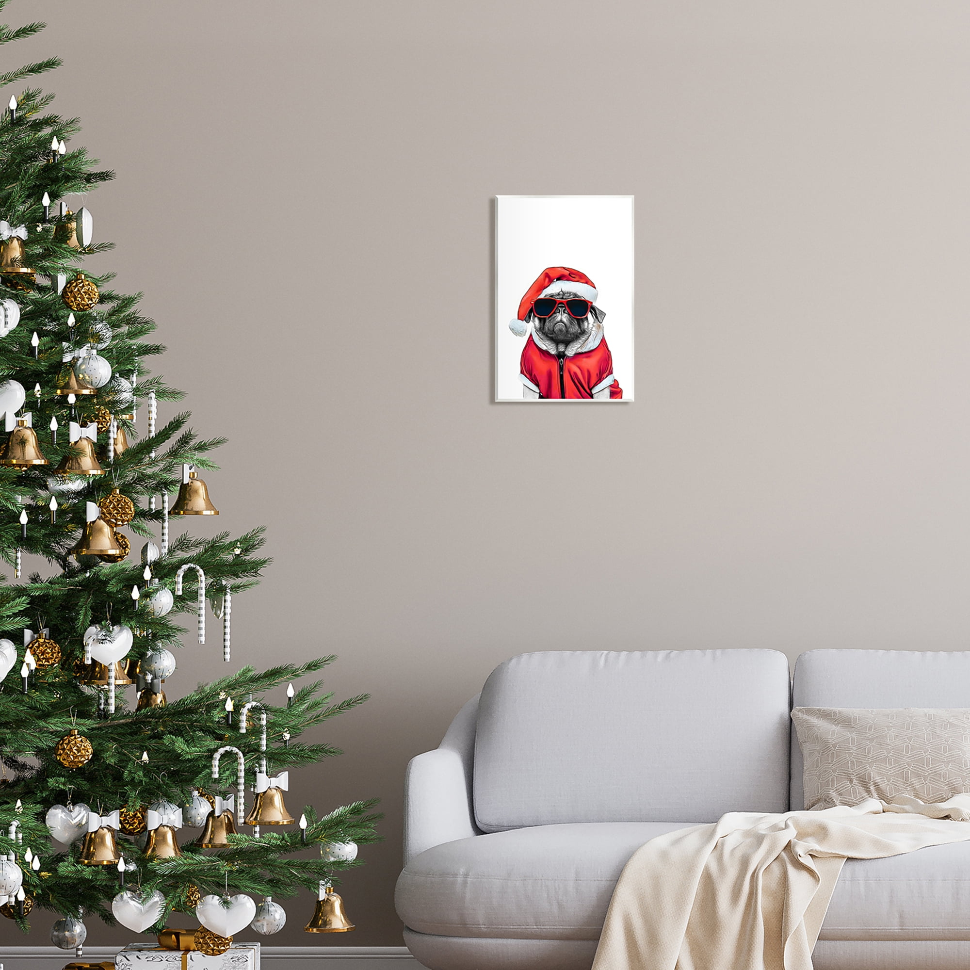 Stupell Industries Funny Pug Santa Hat Holiday Painting Unframed Art Print Wall Art, 10 x 15