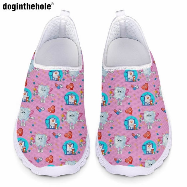Doginthehole - Zapatos planos informales para mujer, con dibujos de dientes, para hospital, enfermería, zapatillas de deporte de malla transpirables y cómodas para verano