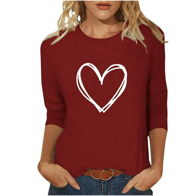 Plebaso Hauts Cœur pour Femmes Manches 3/4 Col Rond T-Shirts Décontractés Imprimé Pull Femmes 2025 Tee Blouses