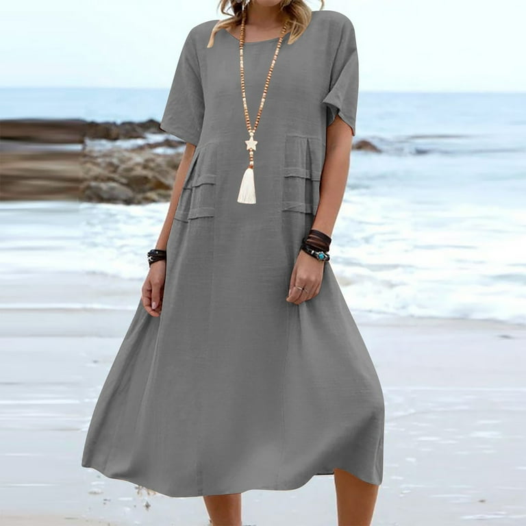Antinious Ladies Summer Dress,Elegant Dresses for Women,Casual Dresses for  Women Loose And Linen Solid Short Sleeved Round Neck Dress,Gray,L -  Walmart.com