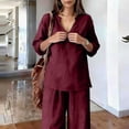 thumbnail image 6 of Guieoi Matching Outfits for Women Solid-Color Cotton-Linen Wide-leg Pants Set V-neck Button-down Long-sleeve Loose-fit Top + High-waisted Pants Two-Piece Set Red M, 6 of 9