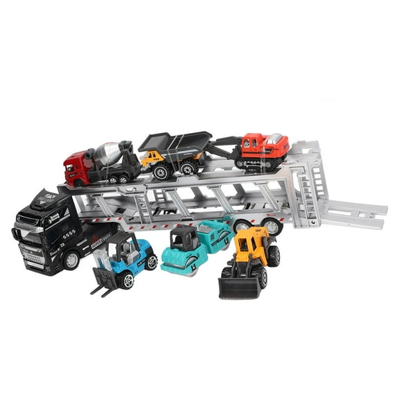 7 in 1 Transport Truck Toy Pull Back Function Carrier Truck Model Toy with 6 Small Engineering Vehicles 12.6in with Modern Engineering Vehicle
