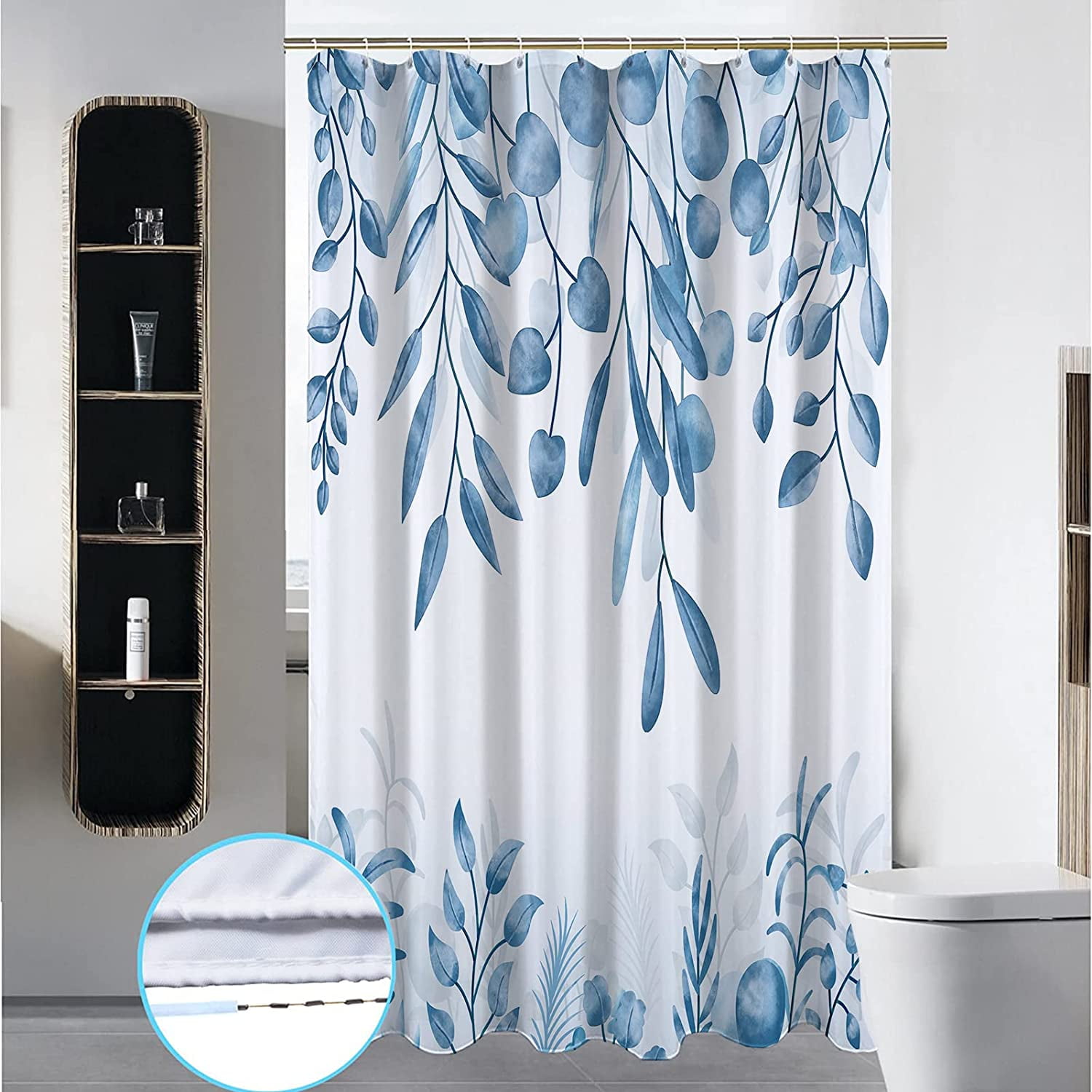 Stall RV Shower Curtain Set, 36Wx72HInch Narrow Fabric Blue White Eucalyptus Leaf Shower Curtains, Soft Waterproof Polyester Bathroom Curtains with Hooks
