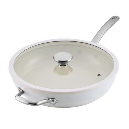 Circulon Halo with LaserDefense 12" Ceramic Nonstick Frying Pan with Lid and Helper Handle, Dishwasher Safe, Induction and Oven Safe to 500°F, Pearl White