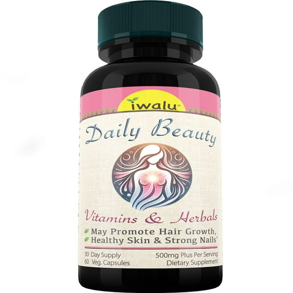 iwalu Daily Beauty | Hair Skin & Nails Vitamins | Botanical Supplement for Hair Growth, Radiant Skin, Strong Nails | Vegan, Non-GMO | 60 Vegan Capsules | NSF Certified & USA Made