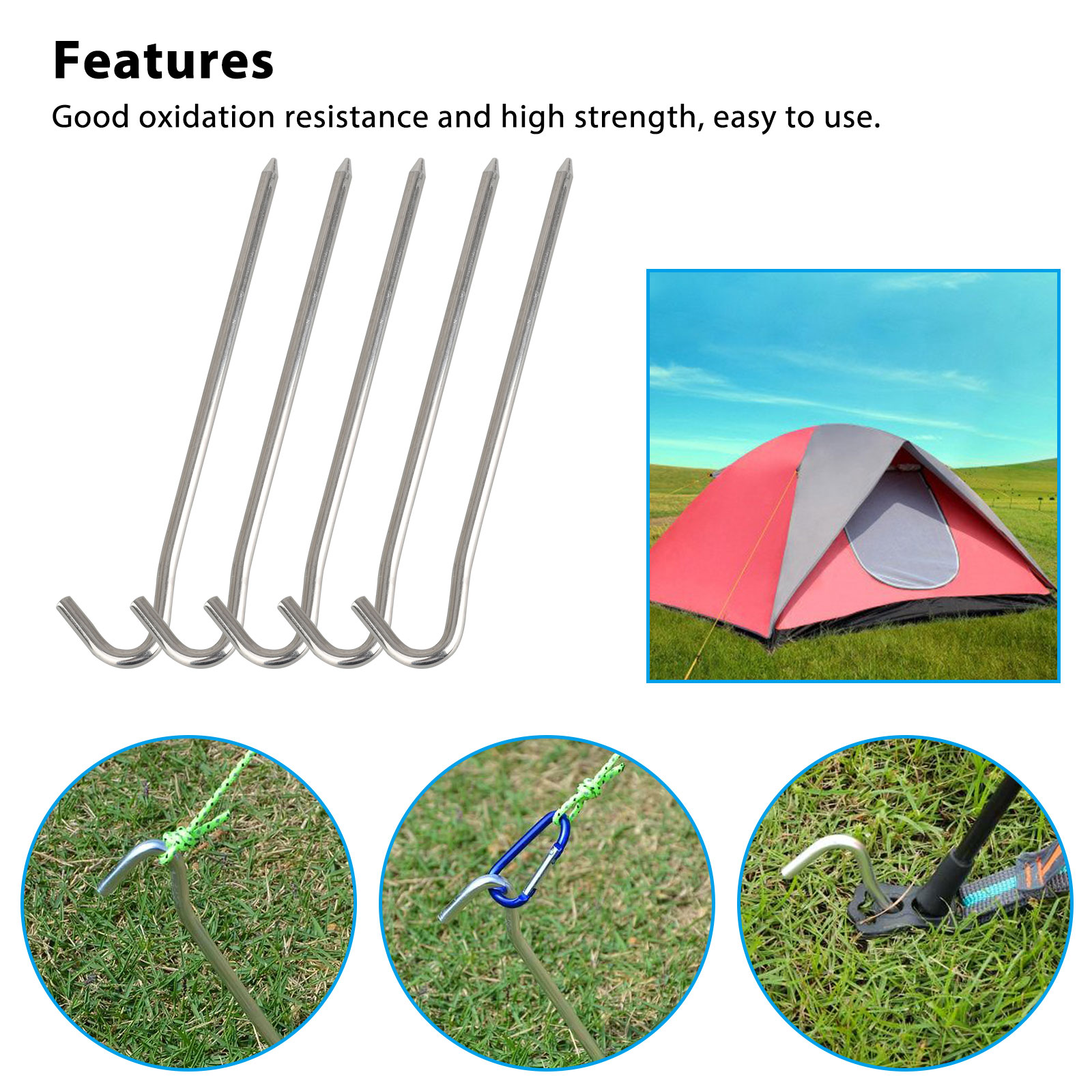 EEEkit Steel Tent Pegs, Garden Stakes, Heavy Duty Rust Free Camping Tent Stakes Aluminum Heavy Duty Camping Garden Canopy Stakes Pegs, Tent Stakes for Outdoor Camping, 10pcs - image 2 of 9
