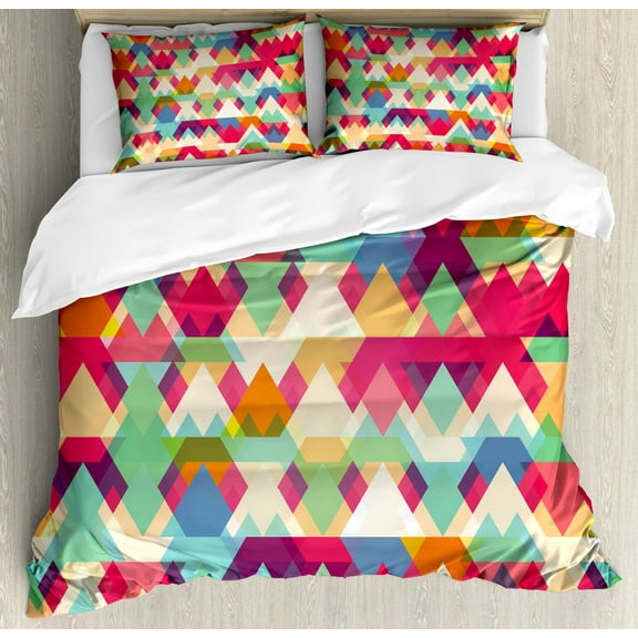 Indie Duvet Cover Set, Abstract Vibrant Colorful Triangles Overlap Geometric Design with Display, Decorative 3 Piece Bedding Set with 2 Pillow Shams, King Size, Multicolor, by Ambesonne