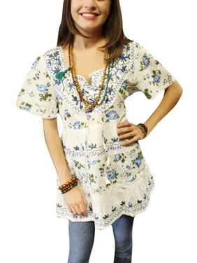 Mogul White Tunic Top Floral Print Cotton Bohemian Fashion Blouse S