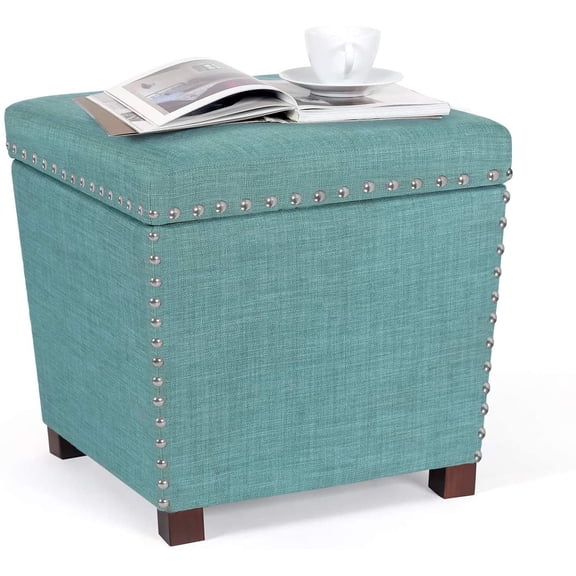 Homebeez Fabric Storage Ottoman Footstool for Living Bedroom Teal Blue