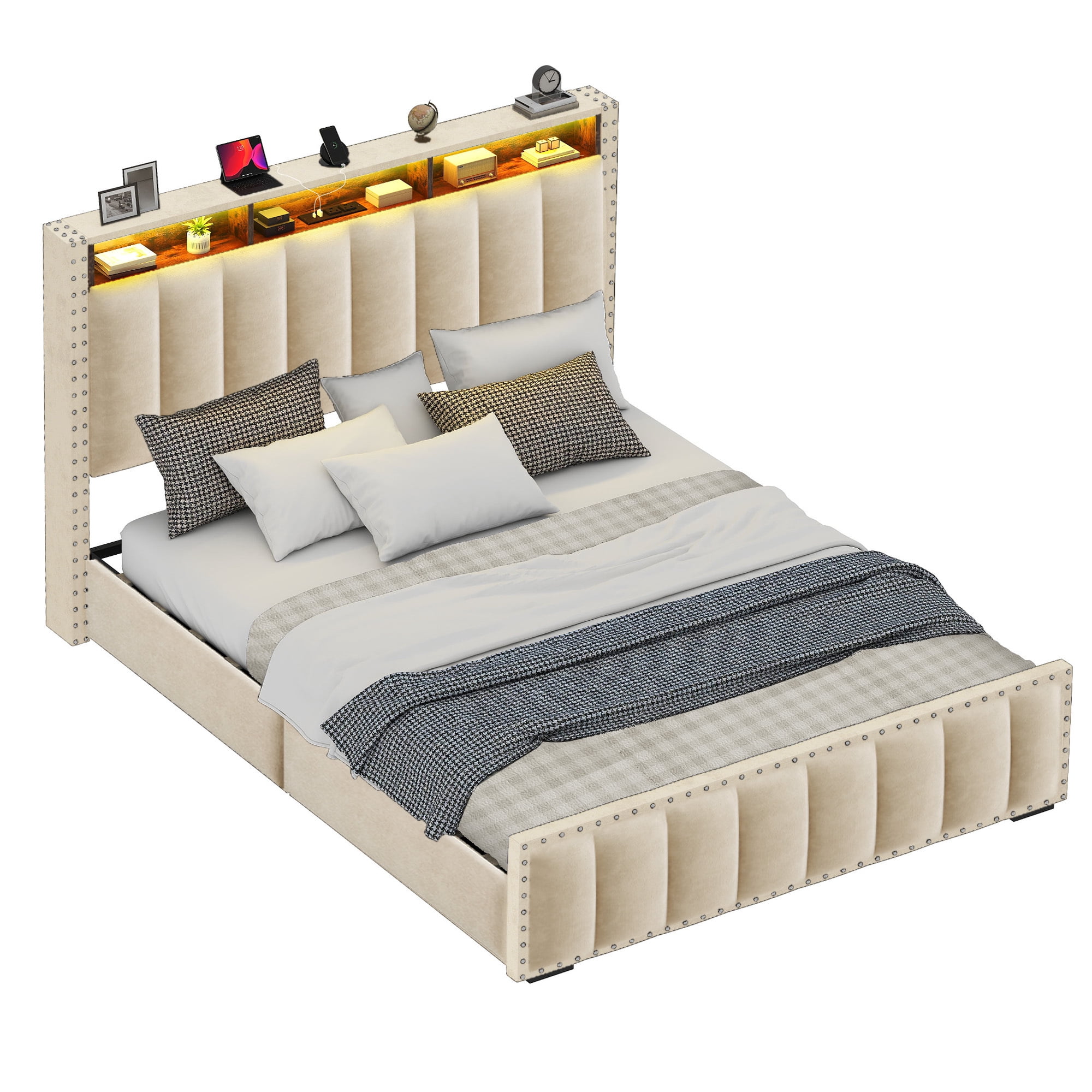 Uforic Full Size LED Velvet Upholstered Platform Bed, Storage Bed Frame with 4 Storage Drawers and Charging Station, Beige