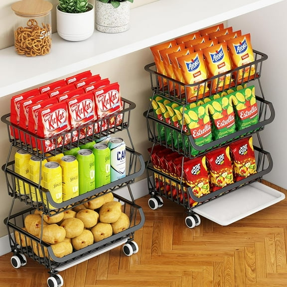 3-Tier Rolling Pantry Cart with Wheels, Stackable Wire Storage Floor Organizer for Kitchen Pantry Snack Shelves, Fruit Basket Stand, Vegetable Storage Rack for Food Snacks Onion Potato