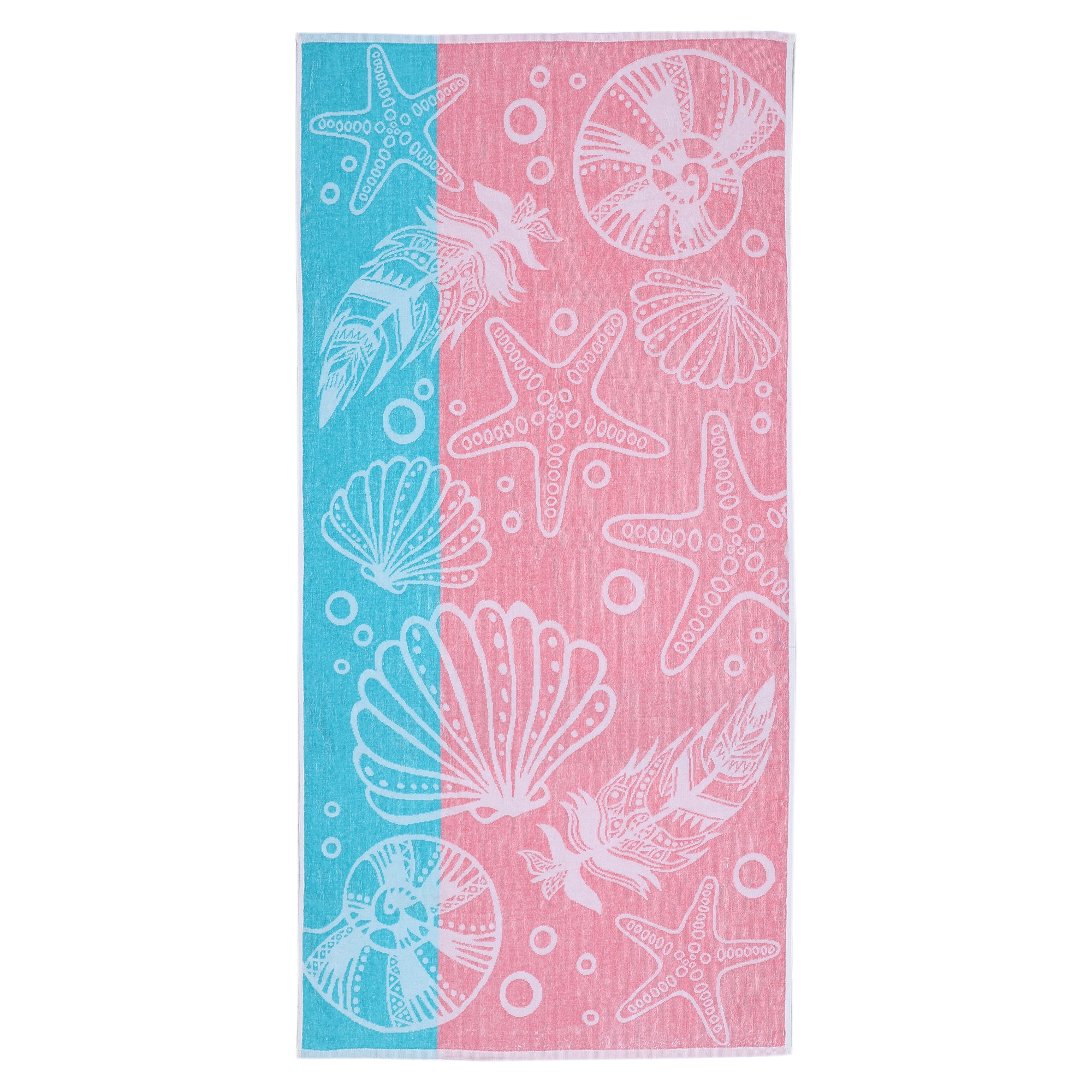 Mainstays 2pk Cotton Beach Towel, 58 x 28 in, Coral Starfish & Stripes