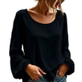 thumbnail image 2 of ClodeEU Women's Scoop Neck Long Sleeve Linen Blend Blouse,Casual Loose Fit Lantern Sleeve Top Black,Women's Plus L, 2 of 7
