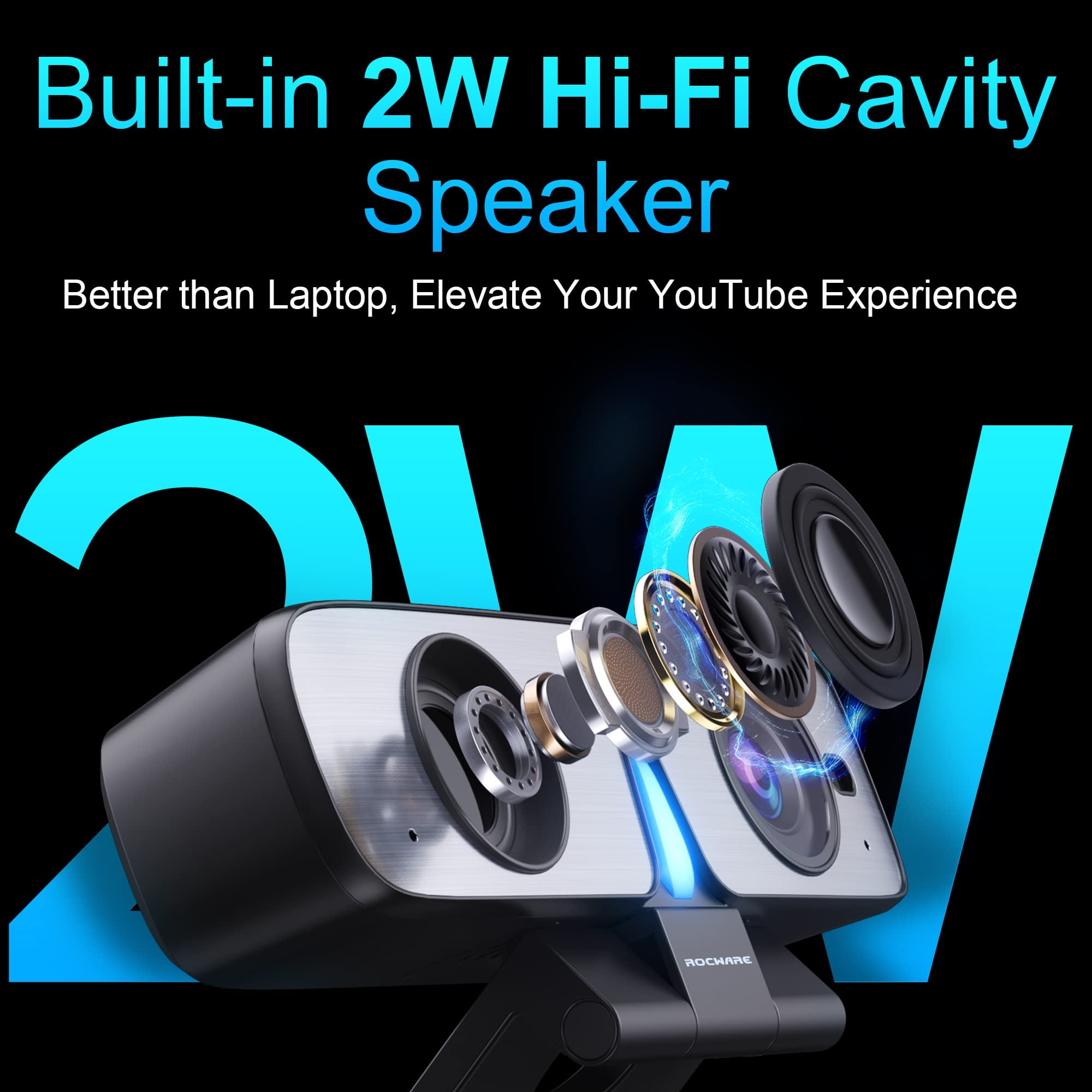 ROCWARE  Auto-Focus Webcam with Microphone Speaker RC08 2K Web Cam, Computer Camera for PC with Noise Reduction Mic/Harman Speaker/4X Eptz/Privacy Cover/0.2S Auto-Focus/Low Illumination for Zoom/Teams