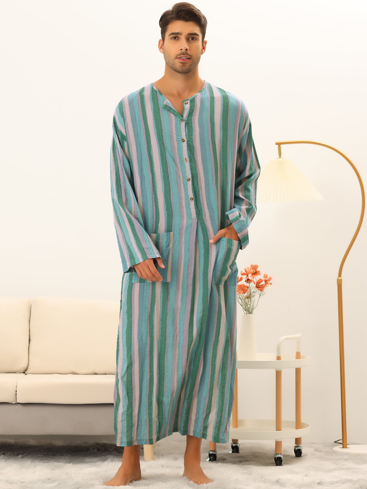 Unique Bargains Men's Striped Nightshirt Long Sleeves Button Nightgown Henley Shirts XL Green