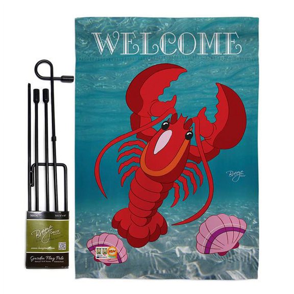 Breeze Decor BD-SM-GS-107026-IP-BO-D-US09-BD 13 x 18.5 in. Lobster Coastal Sea Animals Impressions Decorative Vertical Double Sided Garden Flag Set with Banner Pole