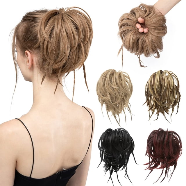 1 pieza de moño sintético desordenado con trenzas, moño con banda elástica, extensiones de cabello postizo liso para mujer